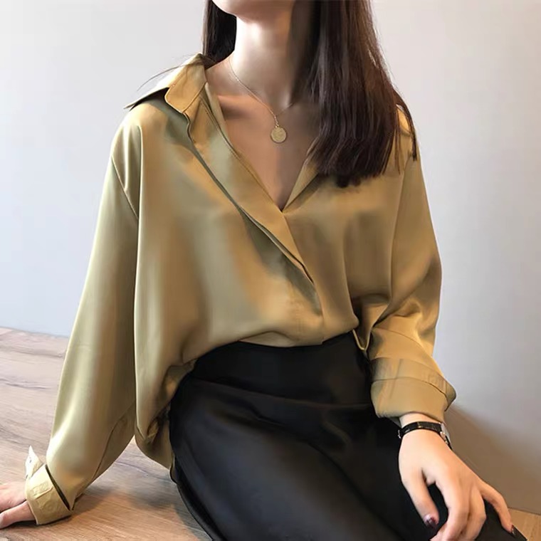 絲綢緞面襯衫女設計感小眾夏長袖襯衣薄款寬鬆v領雪紡上衣春秋裝