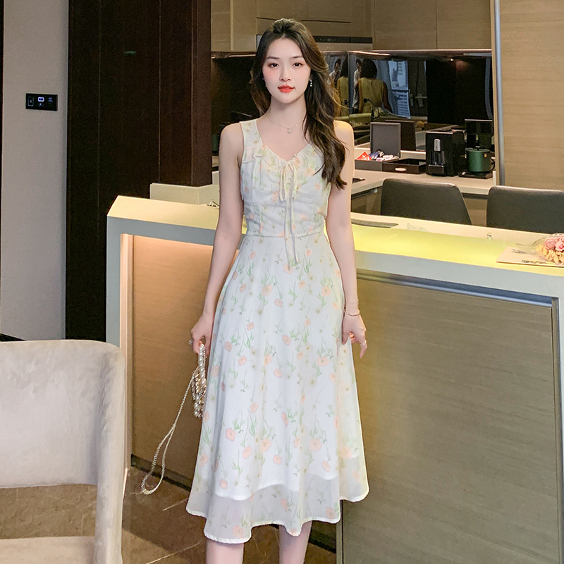MY3715# 夏季甜美淑女风碎花吊带连衣裙女气质显白显瘦无袖长裙子女裝貨源服裝批發
