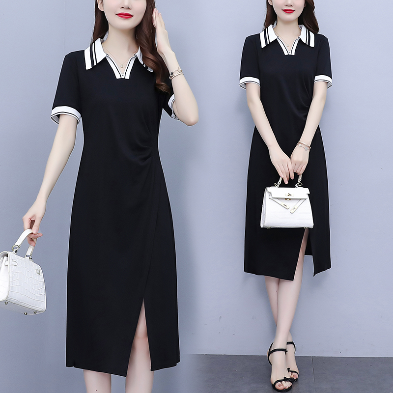 RY915# 实拍大码女装2026夏季新款气质收腰显瘦poio领黑色中长款...