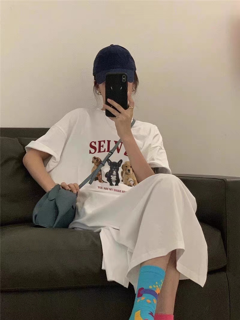 两种面料 长款过膝T恤裙女夏季宽松连衣裙 纯棉包后领