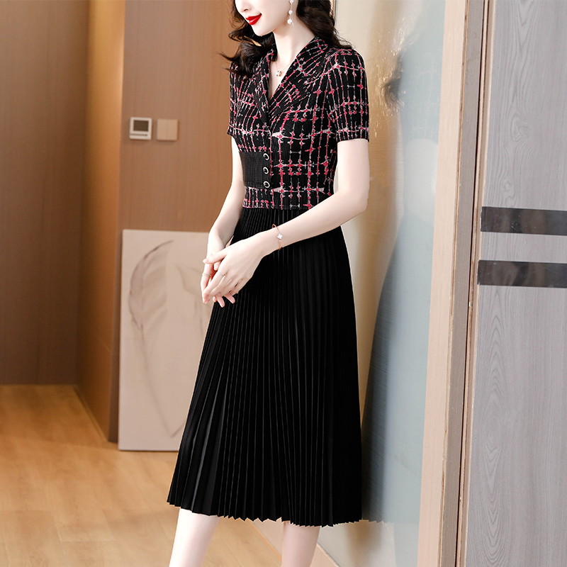 MY7258# 2023夏季新款三宅褶皱西装领收腰显瘦中长款百褶裙妈妈减龄连衣裙