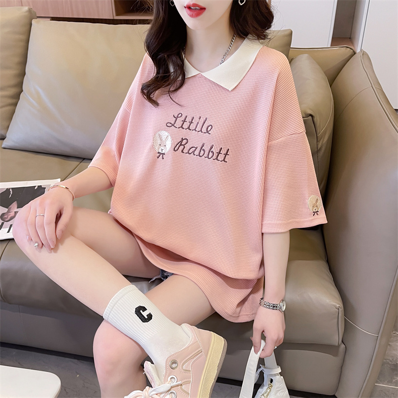 실사 후아 남편 그리드 이후 패키지 칼라 디자인 센스 반팔 티셔츠 여성 여름 드레스 얇은 스타일 새로운 루즈핏 빅 사이즈 맨위