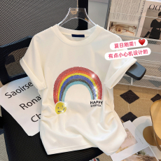 高端大牌短袖T恤女设计感女小众修身洋气减龄圆领撞色短款上衣bm
