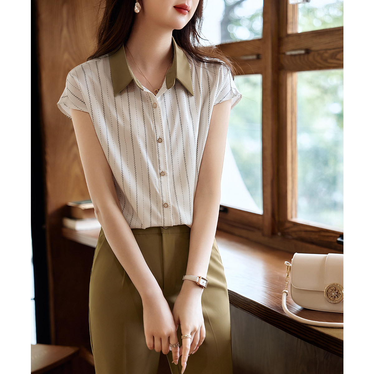 MY1546# 休闲简约雪纺上衣女夏季新款显瘦时尚气质通勤风衬衫女裝貨源服裝批發