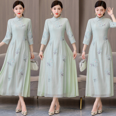 批发2026年新款春季改良<b class='q'>旗袍</b>茶服修身气质中国风日常复古连衣裙中<b class='q'>长款</b>