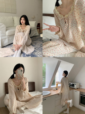 实拍实价 可爱樱桃睡衣女秋软糯棉纱甜美蕾丝花边长袖家居服套装