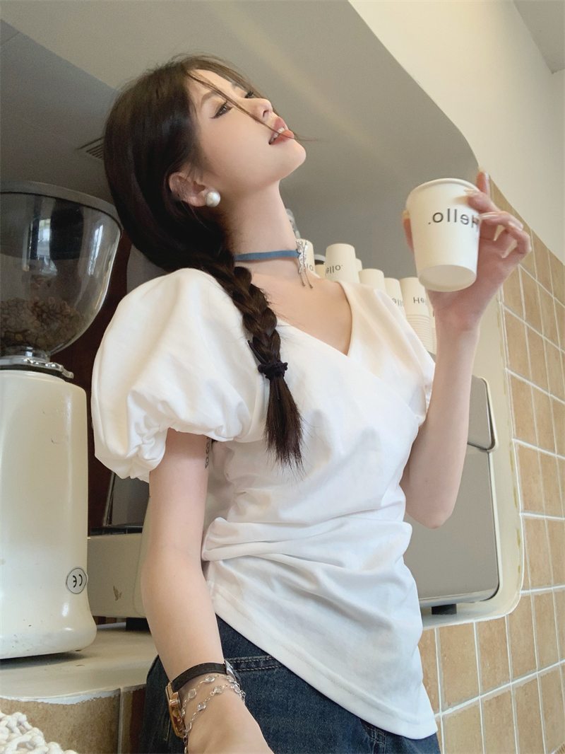 있음 선적 실사 여름 드레스 새로운 품격 슬림해 보이는 V넥 반팔 티셔츠 여성 셔츠