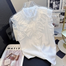 批发2026夏季新款别致漂亮白色小飞袖设计感木耳边<b class='q'>雪纺衫</b>上衣