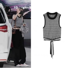 批发复古辣妹2026春夏短款绑带<b class='q'>背心</b>吊带提花内搭针织衫上衣杨幂同款