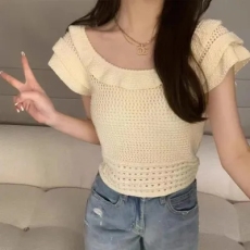 批发小飞袖圆领镂空U领百搭女夏季薄款针织衫设计感小众短款辣妹<b class='q'>上衣</b>