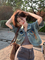 實拍復古短款牛仔外套女春季2024新款毛邊設計感小眾百搭短袖上衣
