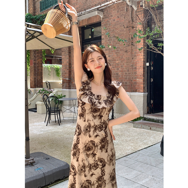 RM10785#夏季新款法式优雅方领印花长款裙子无袖雪纺连衣裙女