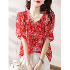 批发仿真丝木耳边衬衫2024夏季新款<b class='q'>清凉</b>透气优雅通勤女式衬衣