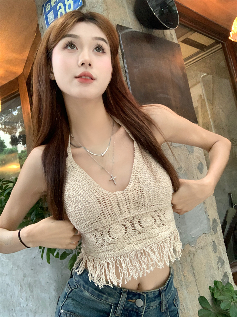 Real shot and real price new embroidered long sun protection shirt holiday style + tassel lace-up chest pad camisole