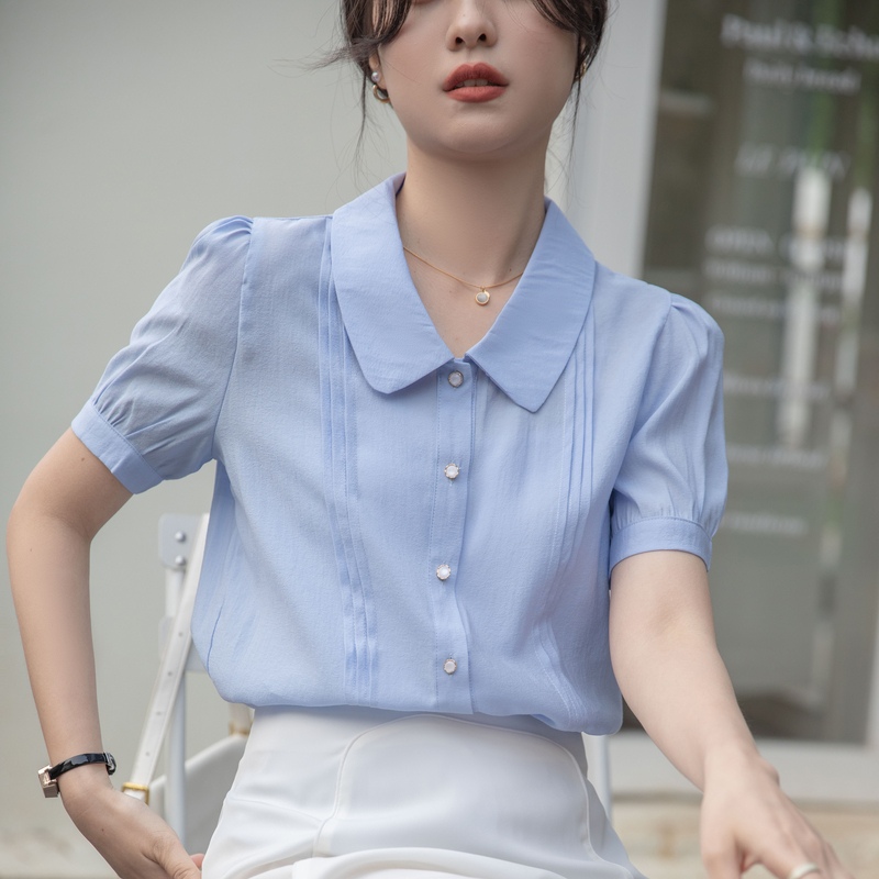 French retro puff short-sleeved lapel shirt for women, summer new style, stylish and versatile commuting professional shirt