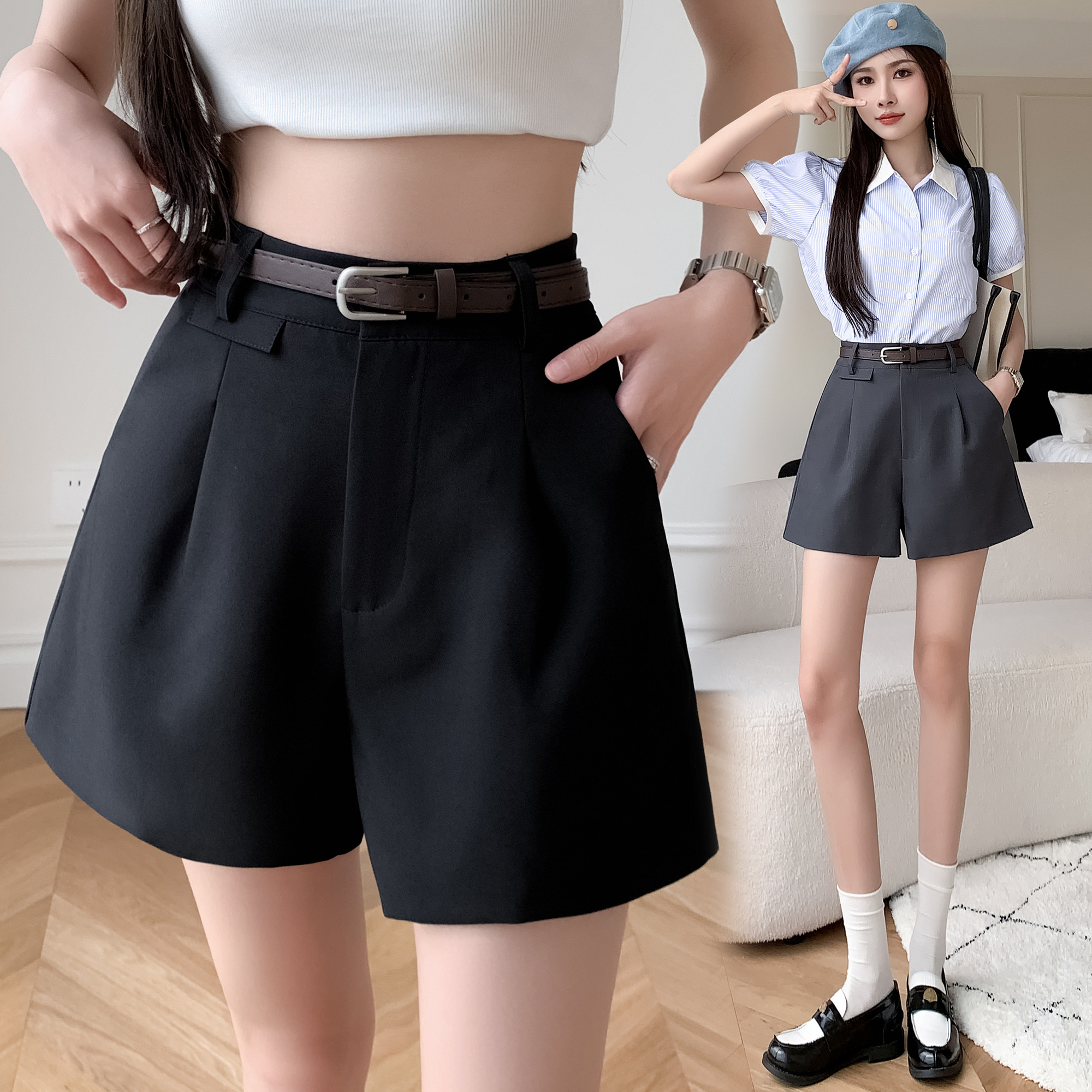 실사 봄 여름 새로운 정장 반바지 다용도 하이웨이스트 루즈핏 넓은 다리가 짧다. 바지 작은 키 캐주얼 바지 여성 트렌디