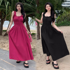 批发大码加长茶歇法式V领吊带<b class='q'>连衣裙</b>夏海边度假无袖背带气质脚踝长裙