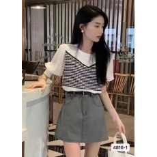 批发实价 赵三观花仙子同款小香风圆领格子拼接<b class='q'>雪纺</b><b class='q'>短袖</b>