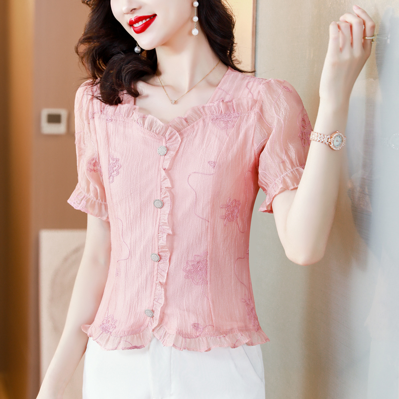 PF8735#夏季新款甜美V领花边拼接短袖排扣衬衫女女裝貨源服裝批發