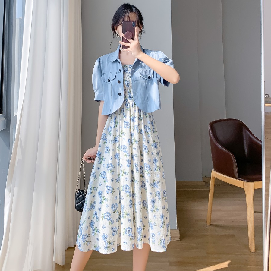 FA28340# 蓝色碎花吊带...