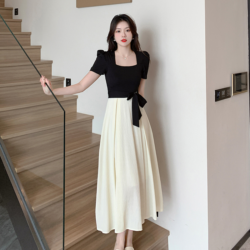PF7192#夏季新款法式赫本风黑白拼接连衣裙设计感小众假两件长裙