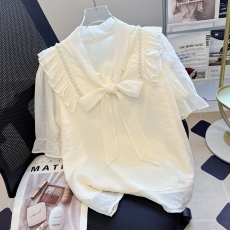 批发法式钉珠荷叶边雪纺<b class='q'>衬衫</b>女短袖2026夏季新款气质名媛小衫天丝上衣