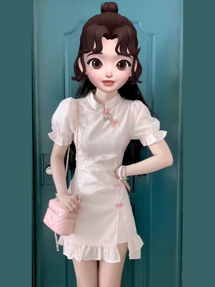 TR76166# 旗袍改良国风小个子粉色少女年轻款夏季新中式日常短款连衣裙