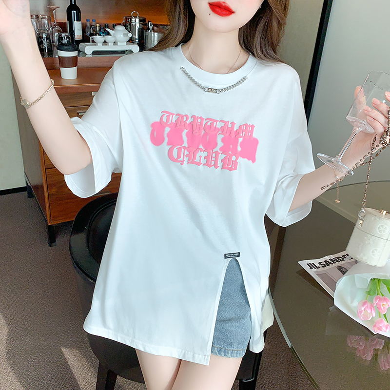 FA30927# 原创别致链条设计感新款立体印花字母宽松开衩t恤女潮 服裝批發女裝批發服飾貨源
