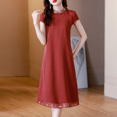 批发2023气质妈妈新款香云纱女名媛风改良旗袍年轻款宽松型真丝连衣裙