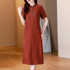 批发香云纱真丝复古连衣裙女2023<b class='q'>夏</b>季新款中年妈妈气质大码桑蚕丝裙子