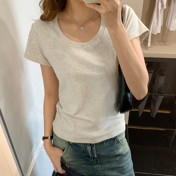 RM16755#纯色圆领短袖T恤女修身显瘦设计感2023夏季新款辣妹短款上...