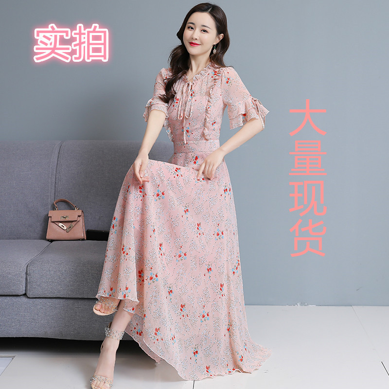 MY7909# 喇叭袖碎花长裙夏装新款大码女装大摆雪纺连衣裙女裝貨源服裝批...