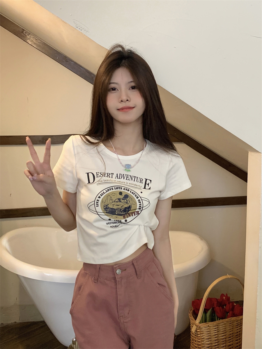 재고 있음 실사 아메리칸 레트로 프린트 쇼트 스타일 티셔츠 다용도 캐주얼 타이트 맨위 여성