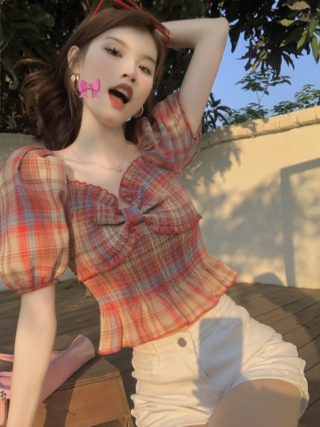 RY1863#洋气格子短款短袖外穿夏季甜辣妹爆款上衣