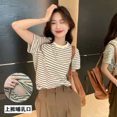 批发哺乳衣夏短袖T恤产后辣妈宽松显瘦纯棉华夫格喂奶上衣短袖月子服