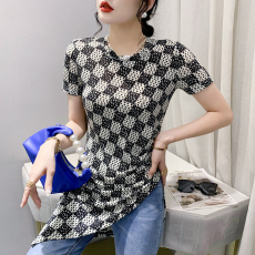 批发2026夏季新款时尚印花<b class='q'>字母</b>中长款短袖<b class='q'>T</b><b class='q'>恤</b>不规则百搭显瘦上衣