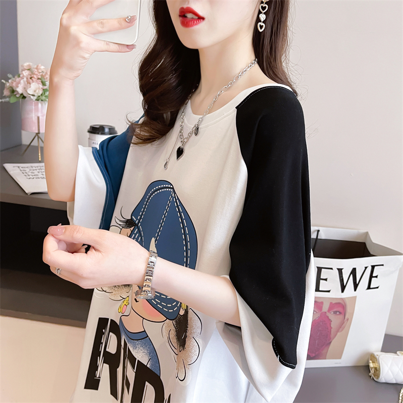Real shot 2024 summer Korean style loose round neck cartoon print raglan sleeves large size short-sleeved T-shirt for women