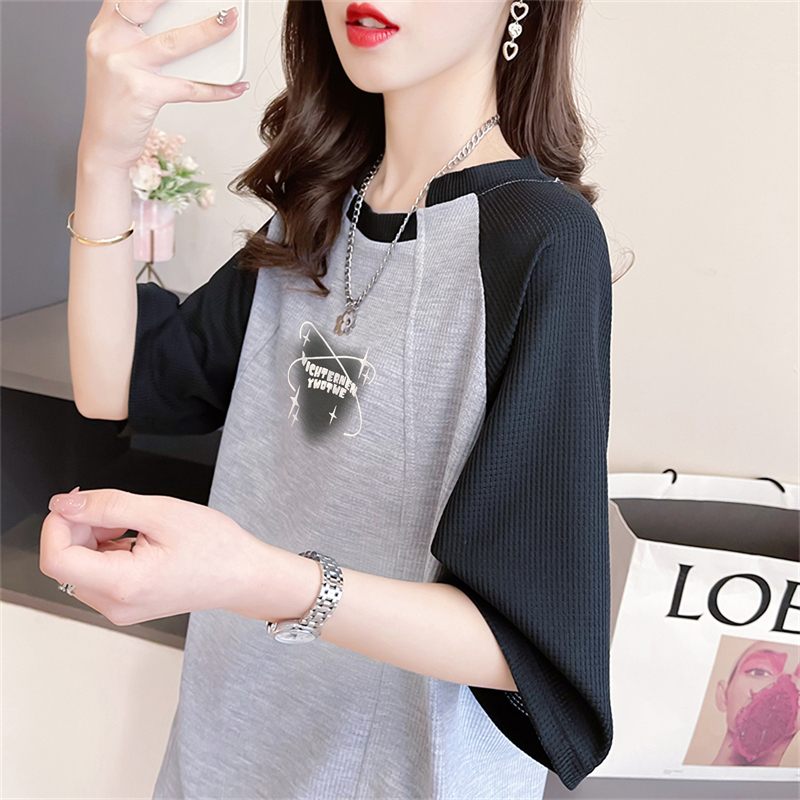 Actual shot of 2024 summer Korean style loose back collar waffle letters embroidered large size short-sleeved T-shirt for women