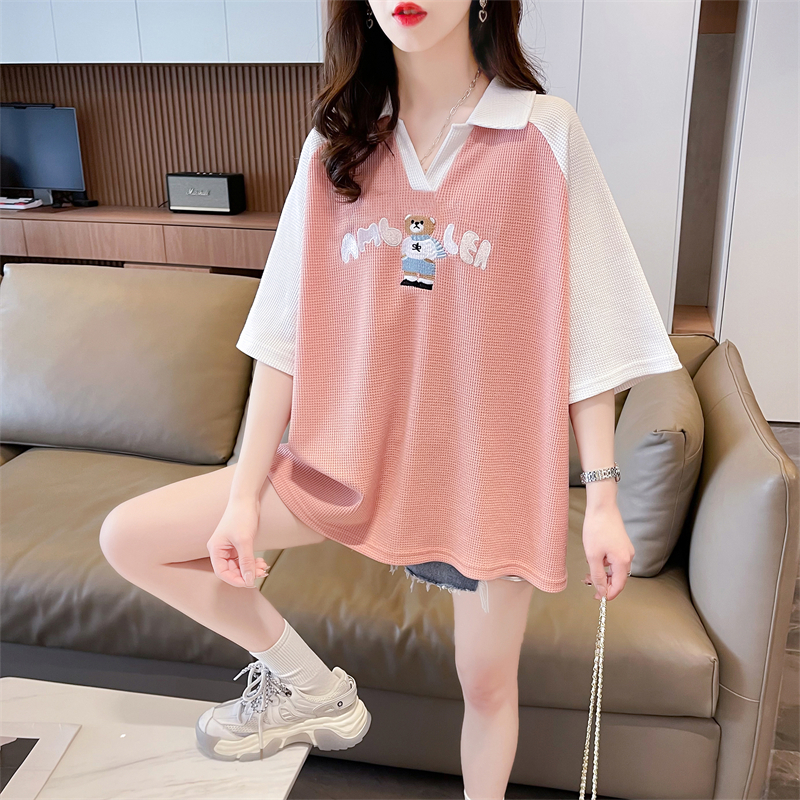 Actual shot of 2024 summer Korean style loose back collar waffle cartoon embroidered large size short-sleeved T-shirt for women