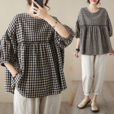批发实拍韩版a字圆领套头灯笼袖蓬蓬格子棉麻衬衫