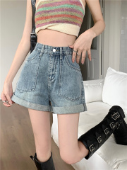 Actual shot and real price~Summer new style simple and versatile high-waist curled A-line denim wide-leg shorts