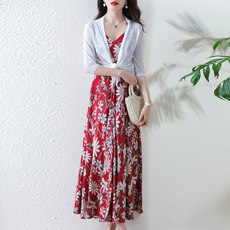 PF26576# 海边度假风连衣裙防晒衫套装春夏新款碎花气质红色吊带长裙女裝貨源服裝批發