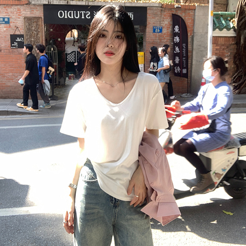 슈퍼 부드럽다 화이트 루즈핏 티셔츠 여성 여름 한국 스타일 미니멀리즘 단색 반소매 u 칼라 만나는 반팔 동정 맨위 서비스