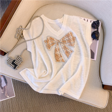 批发实拍~V领短袖上等竹节麻宽松女士针织衫上衣2025新款夏季修身吸汗