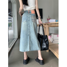 批发实拍大码女装复古口袋刺绣<b class='q'>牛仔</b>半身裙宽松时尚百搭开叉包臀中长裙