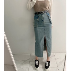 批发现 高腰显瘦工装大口袋开叉牛仔中长裙