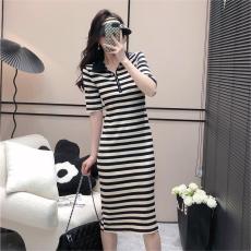 批发韩版休闲时尚条纹连衣裙女夏季2026新款拉链短袖港风针织中长裙子