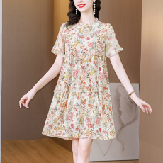 批发2026年新款<b class='q'>真丝</b>夏季大码短袖宽松显瘦荷叶边裙高级桑蚕丝裙子