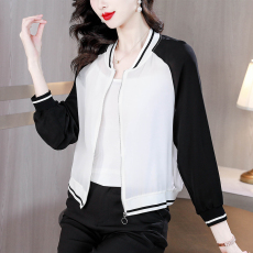 批发真丝上衣女<b class='q'>时尚</b>撞色拼接开衫春装新款夹克桑蚕丝长袖双绉<b class='q'>外套</b>