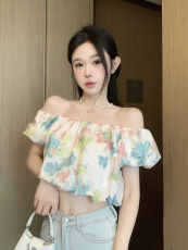 实拍实价~小清新一字领泡泡袖花色短袖百搭上衣女